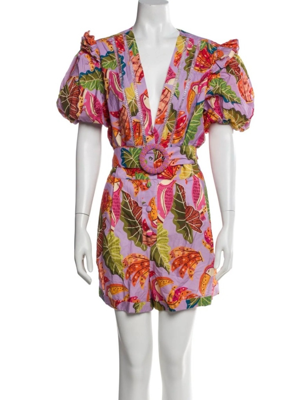 Farm Rio Lavender Tropical Print Belted Puff-Sleeve jumpsuit